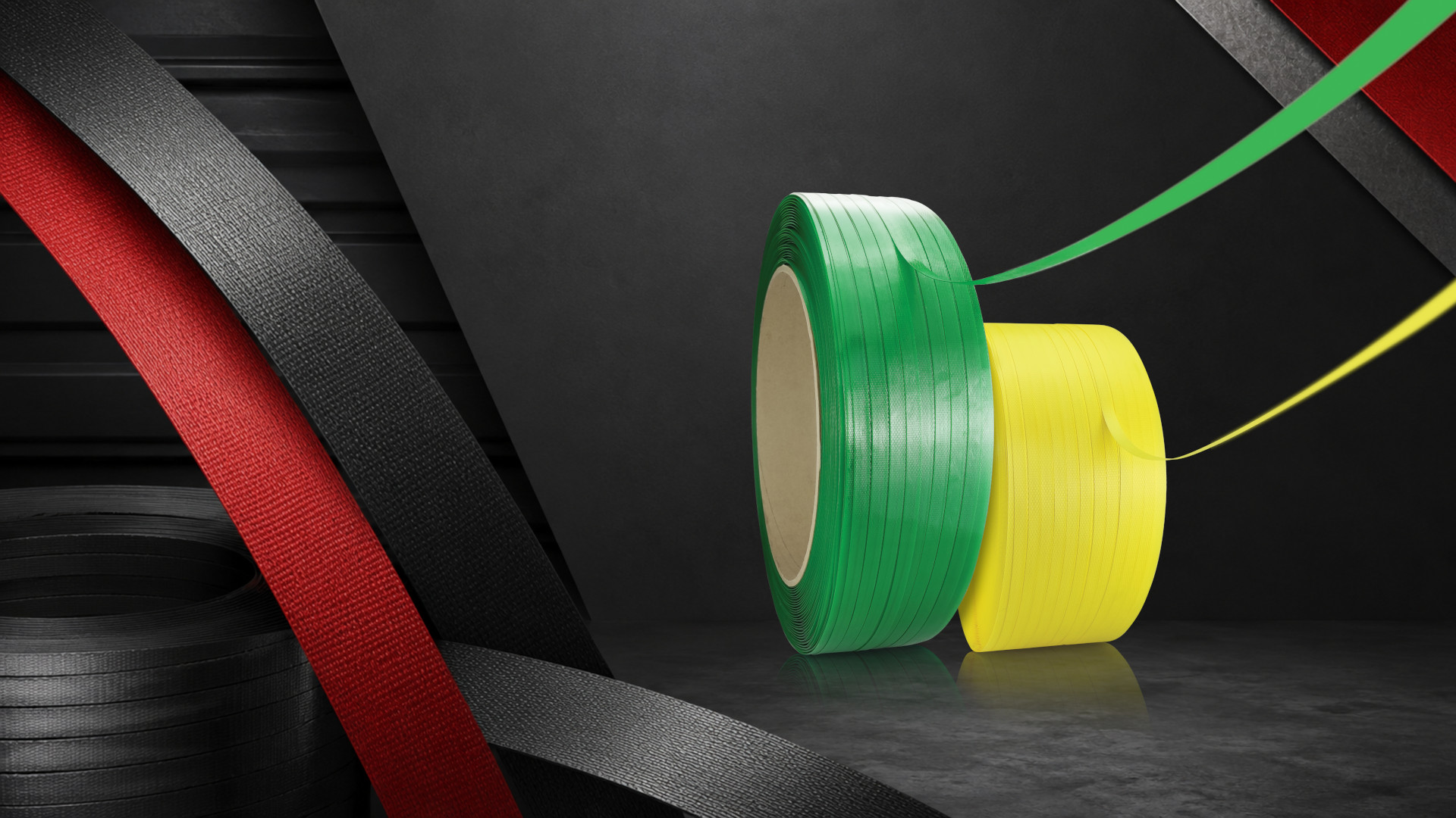 Green, yellow, red, and black strapping band products for industrial packaging needs